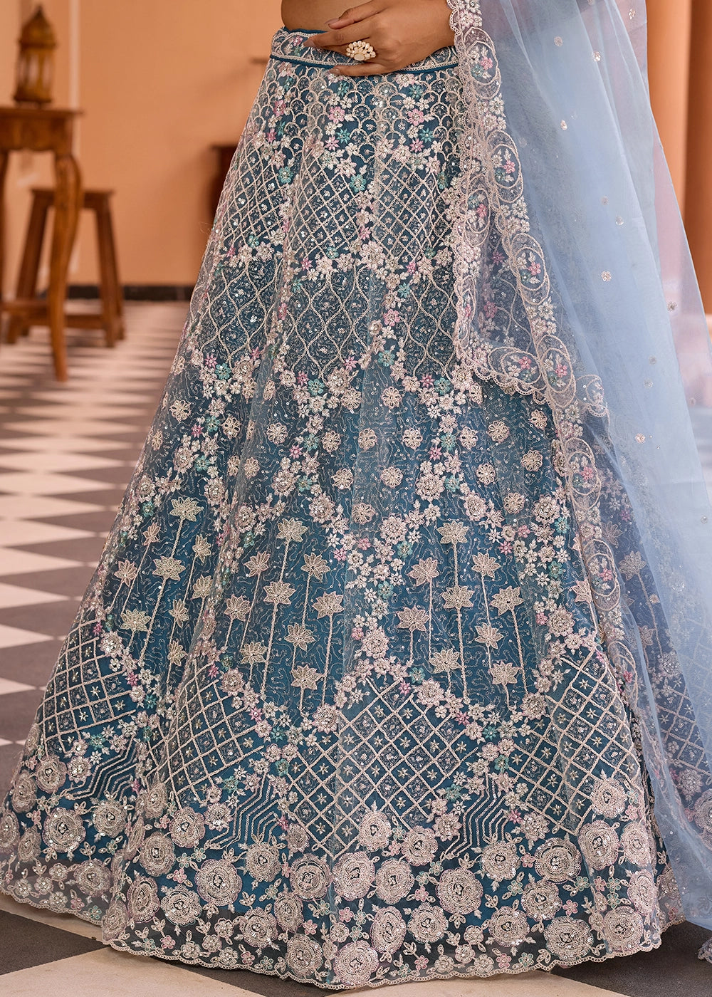 Teal Blue Embroidered Net Lehenga Choli with Sequins Work