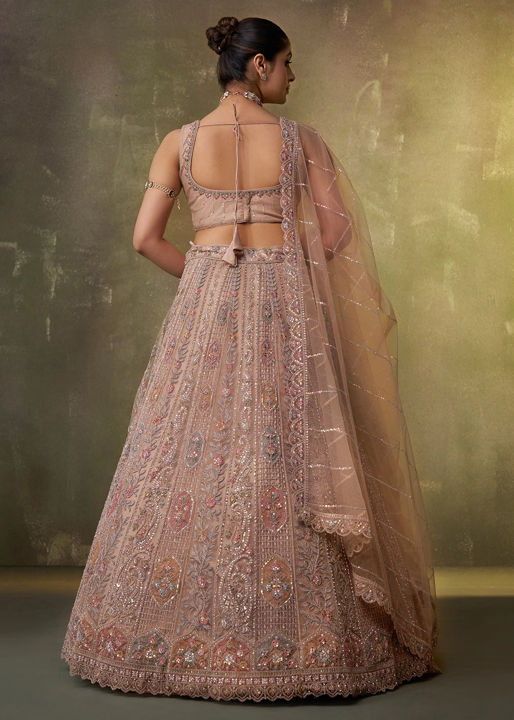 Light Brown Net Embellished Lehenga Choli with Sequins Embroidery