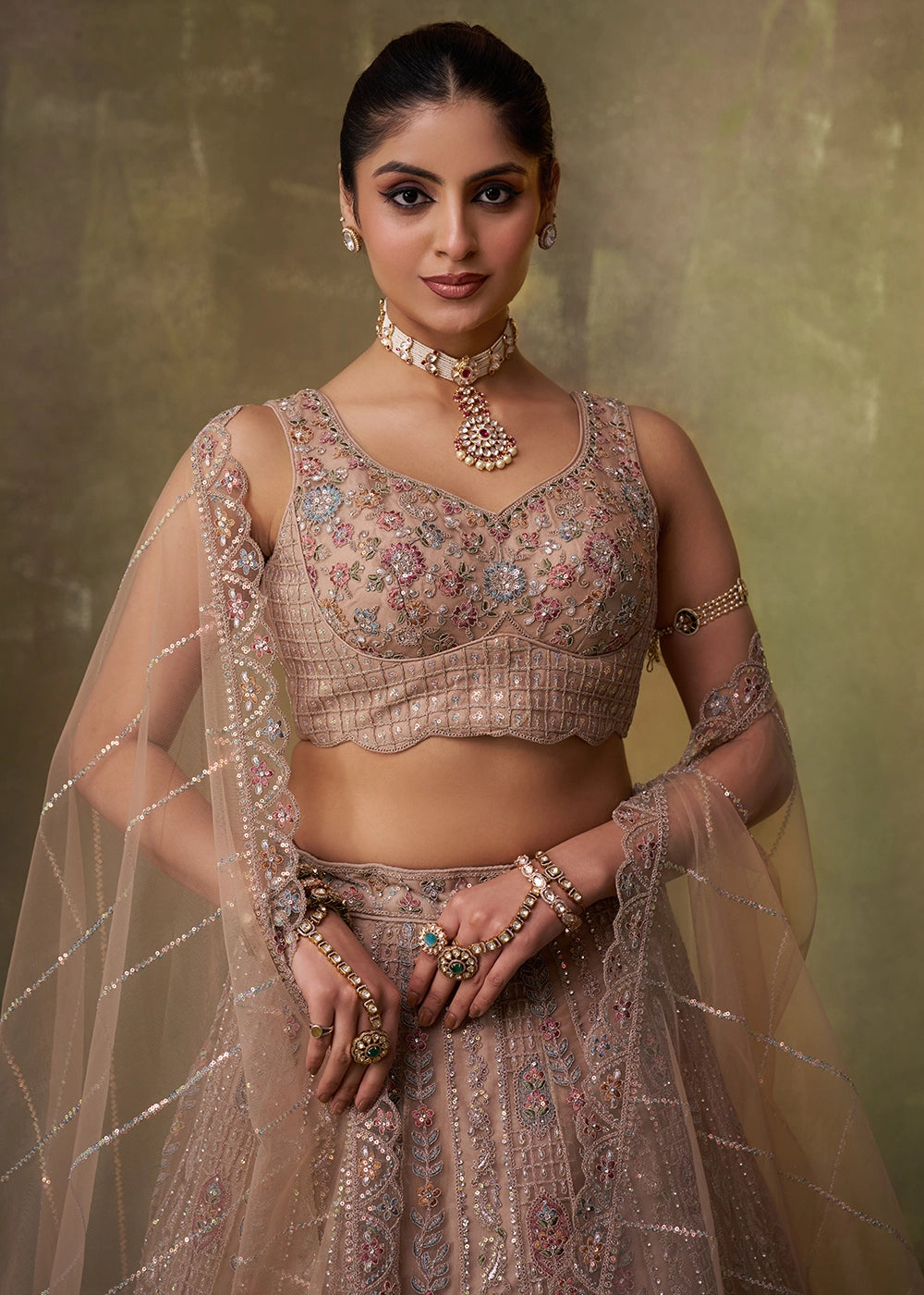 Light Brown Net Embellished Lehenga Choli with Sequins Embroidery