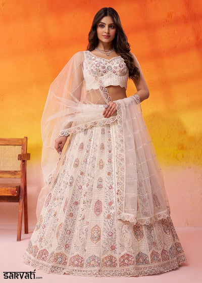 Parchment White Net Embellished Lehenga Choli with Sequins Embroidery