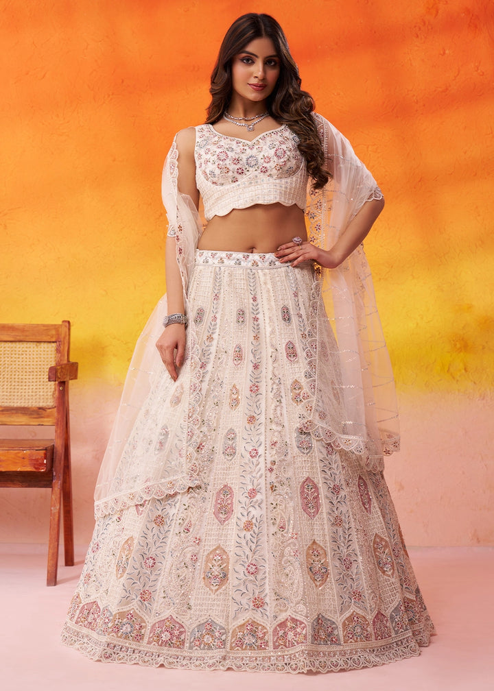 Parchment White Net Embellished Lehenga Choli with Sequins Embroidery