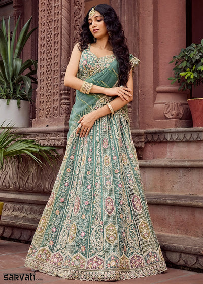 Shades Of Green Embroidered Net Lehenga Choli with Sequins Work
