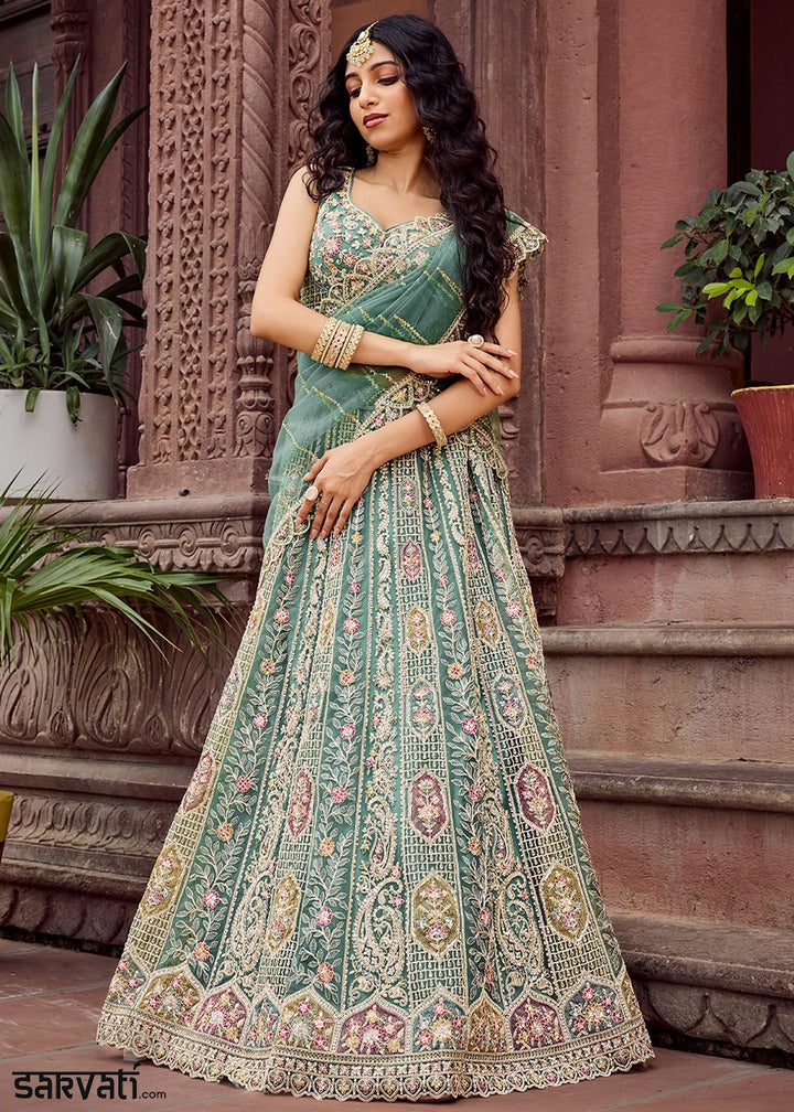 Shades Of Green Embroidered Net Lehenga Choli with Sequins Work