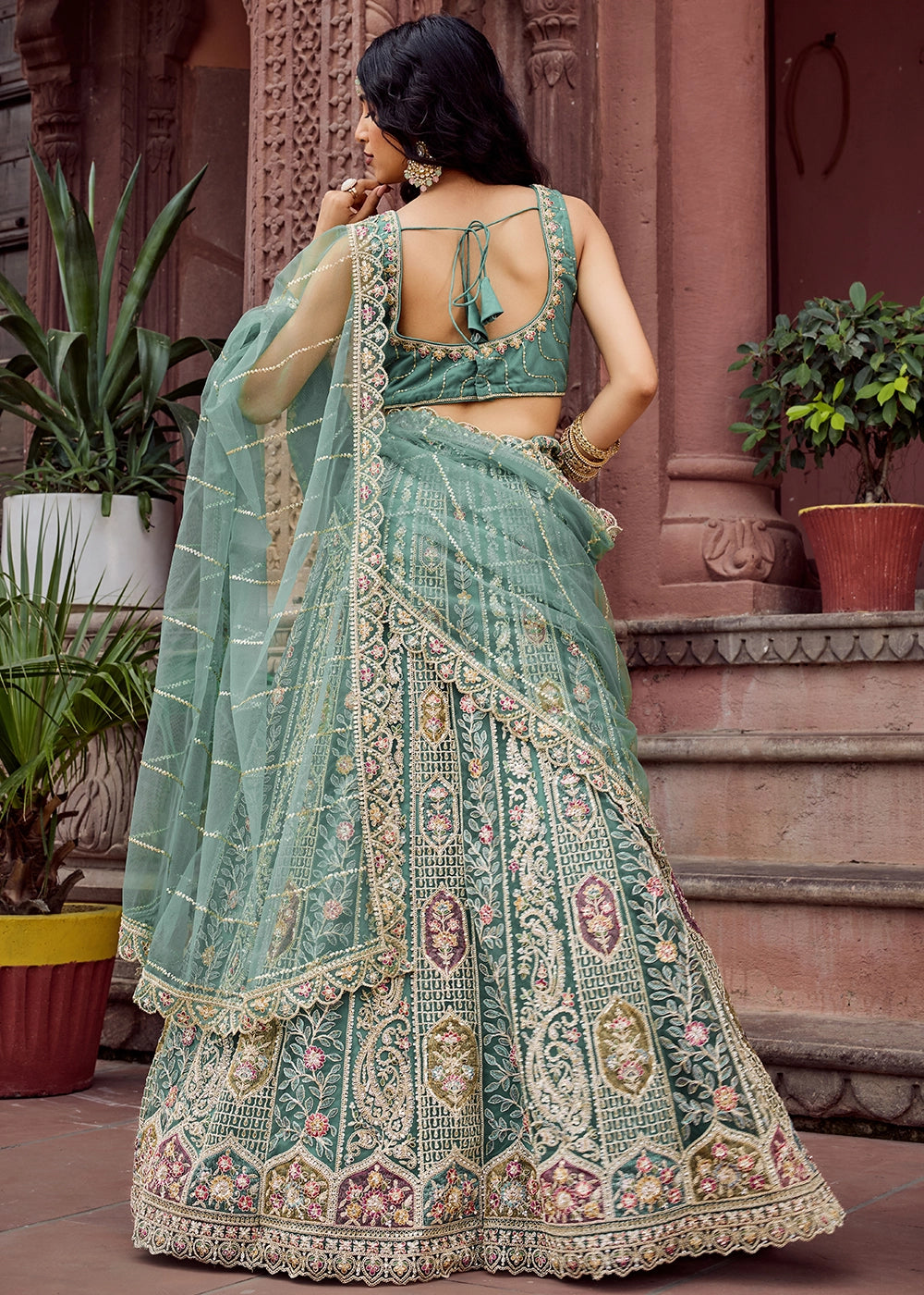 Shades Of Green Embroidered Net Lehenga Choli with Sequins Work