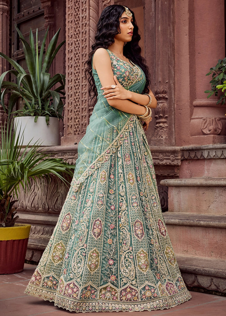 Shades Of Green Embroidered Net Lehenga Choli with Sequins Work
