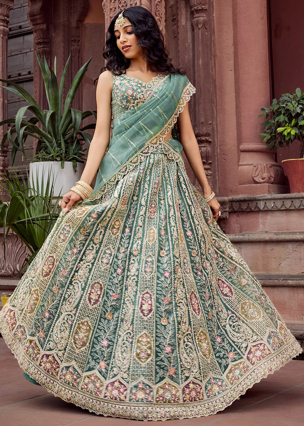 Shades Of Green Embroidered Net Lehenga Choli with Sequins Work