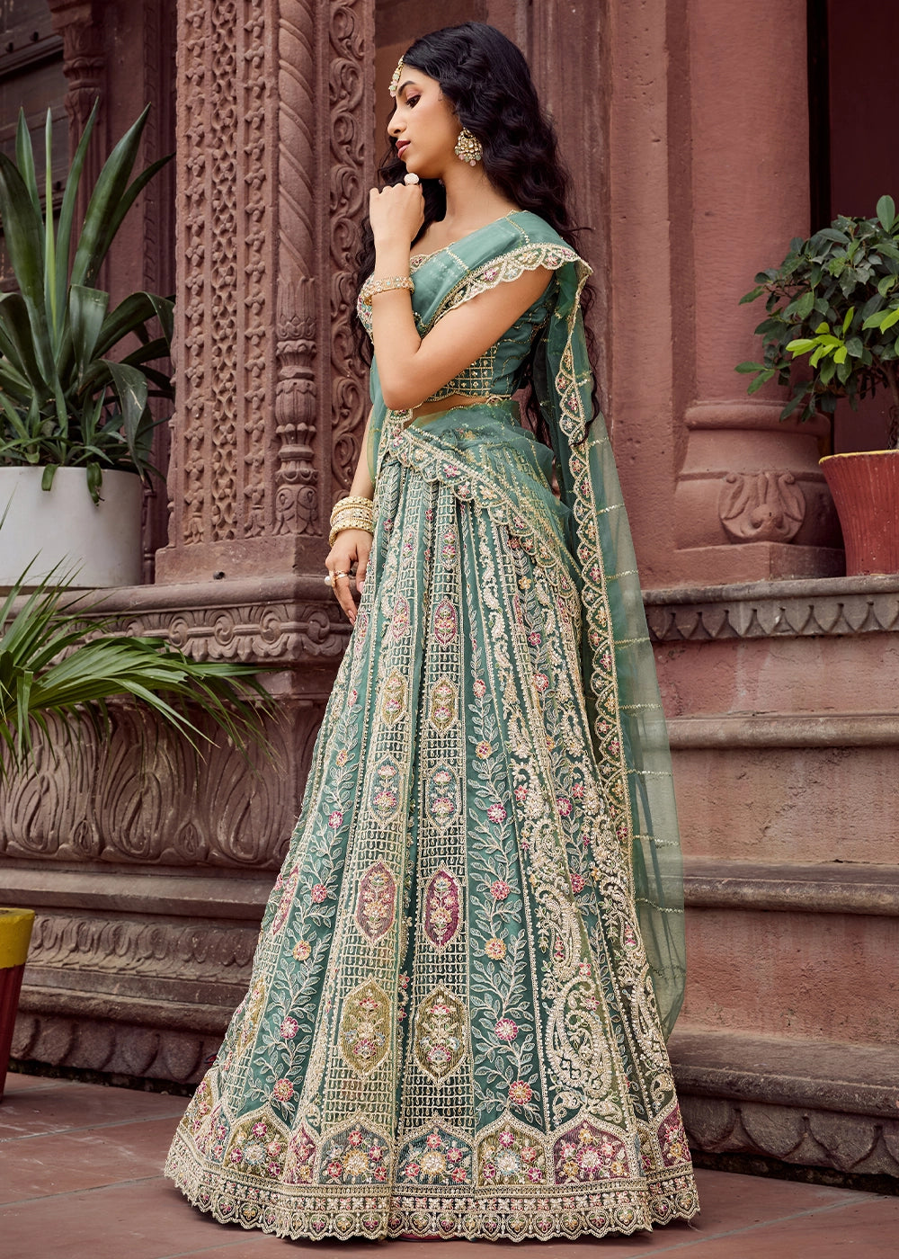 Shades Of Green Embroidered Net Lehenga Choli with Sequins Work