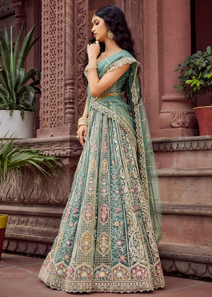 Shades Of Green Embroidered Net Lehenga Choli with Sequins Work