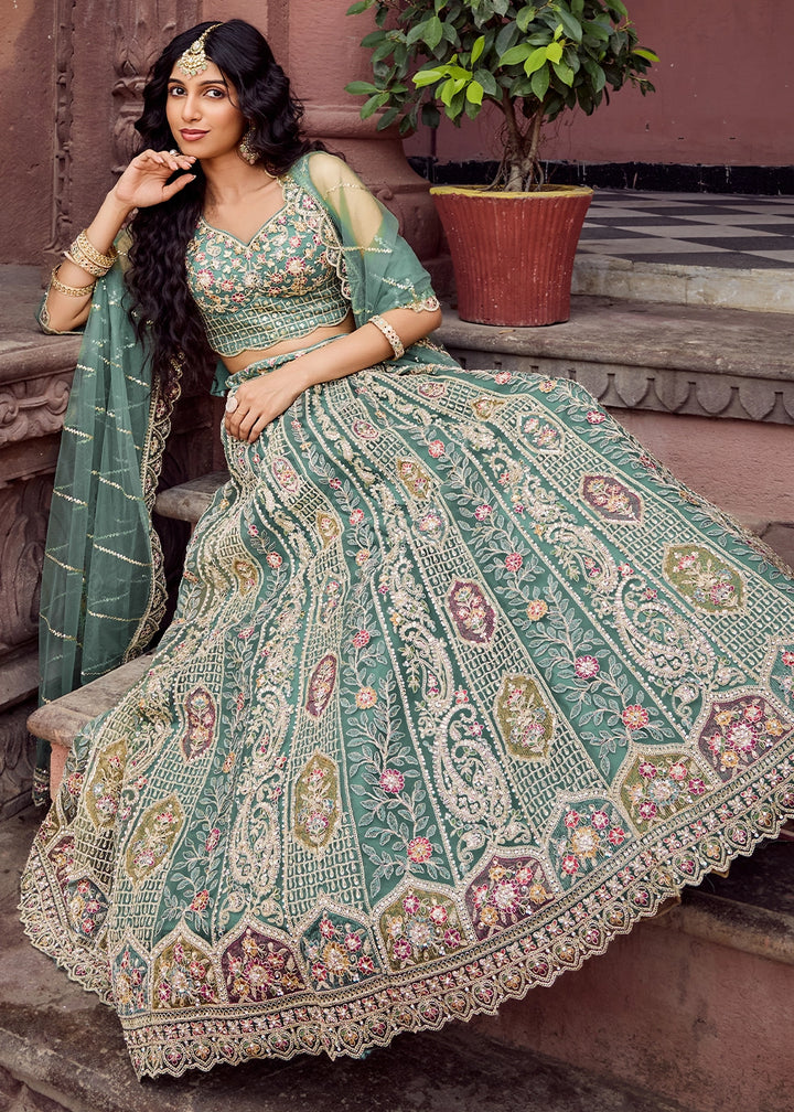 Shades Of Green Embroidered Net Lehenga Choli with Sequins Work