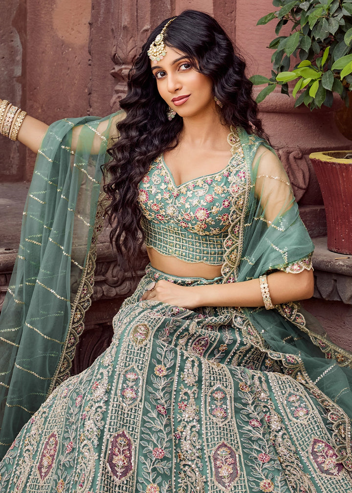 Shades Of Green Embroidered Net Lehenga Choli with Sequins Work