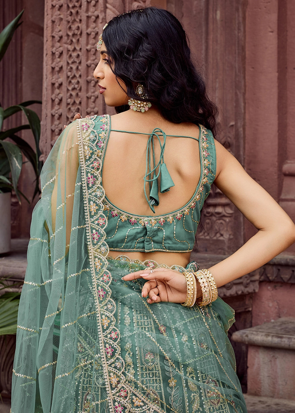 Shades Of Green Embroidered Net Lehenga Choli with Sequins Work