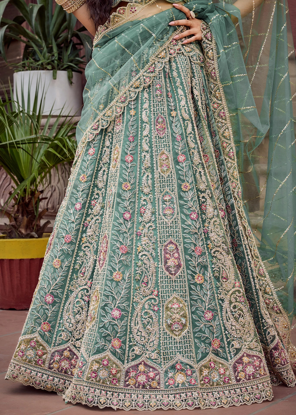 Shades Of Green Embroidered Net Lehenga Choli with Sequins Work