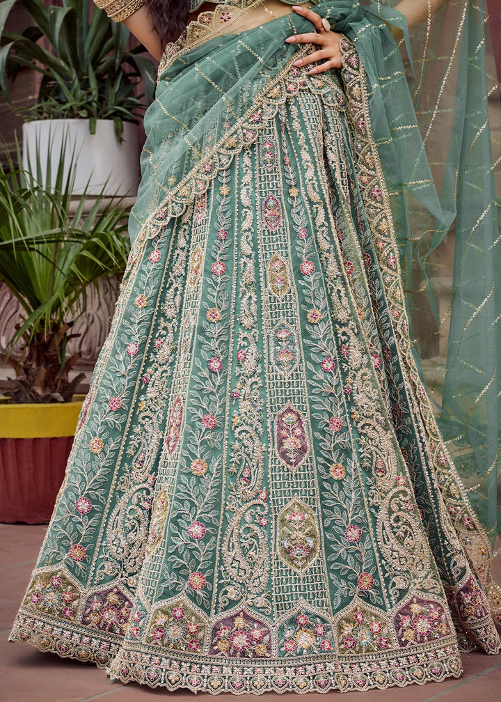 Shades Of Green Embroidered Net Lehenga Choli with Sequins Work