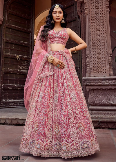 Rouge Pink Embroidered Net Lehenga Choli with Sequins Work