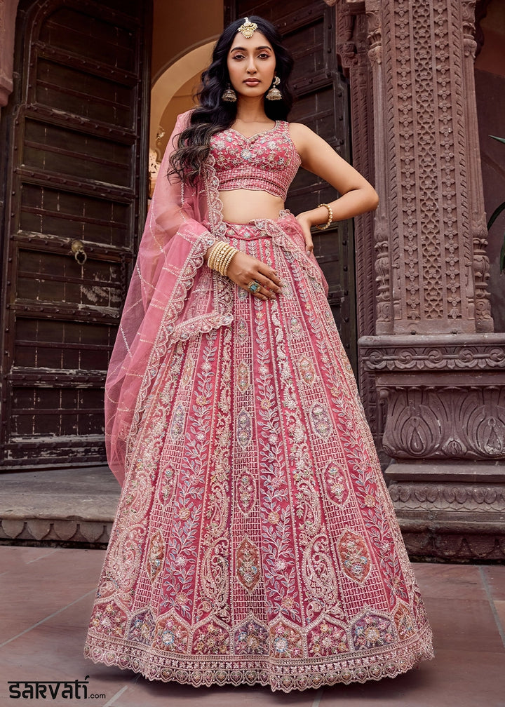 Rouge Pink Embroidered Net Lehenga Choli with Sequins Work