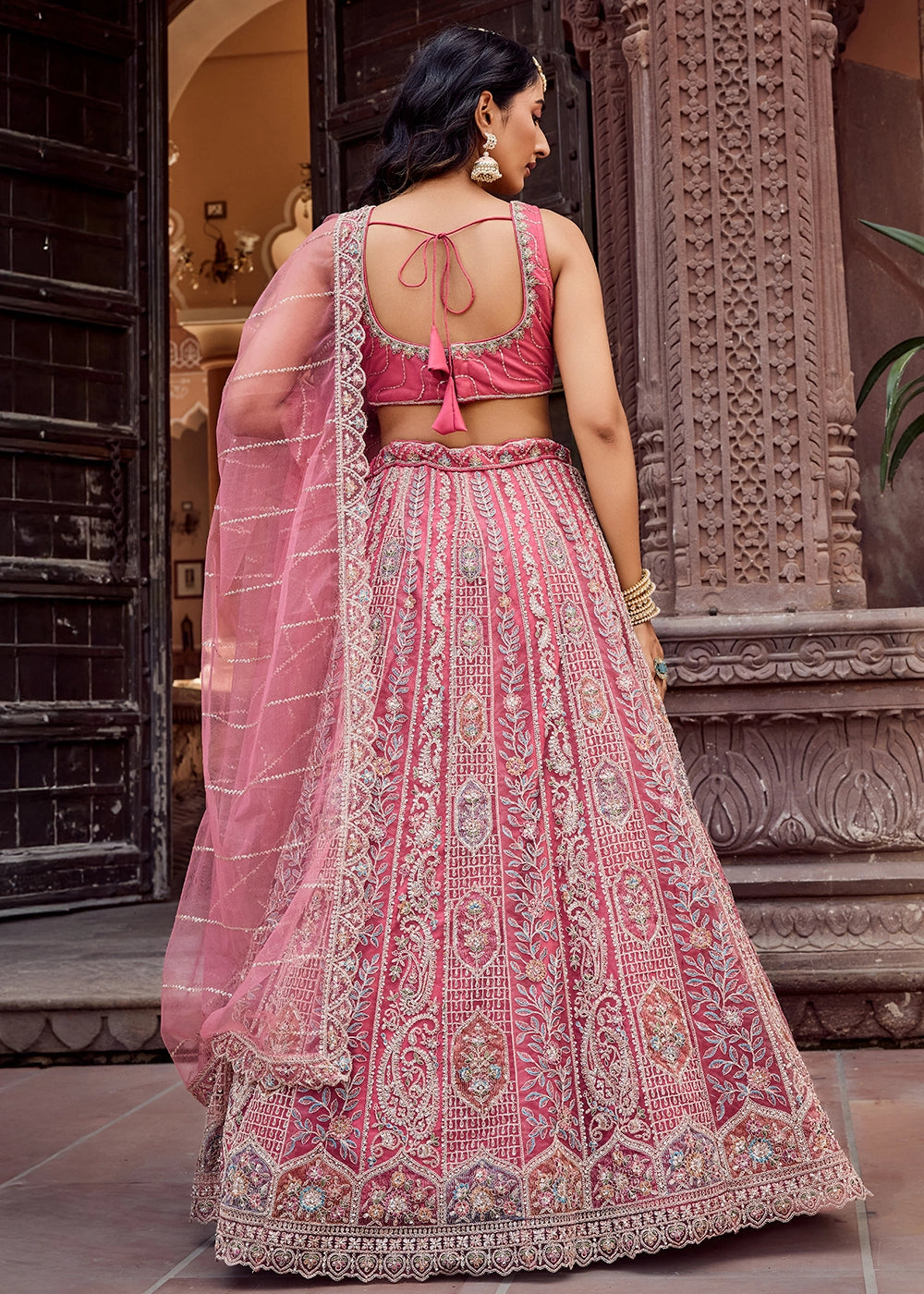 Rouge Pink Embroidered Net Lehenga Choli with Sequins Work