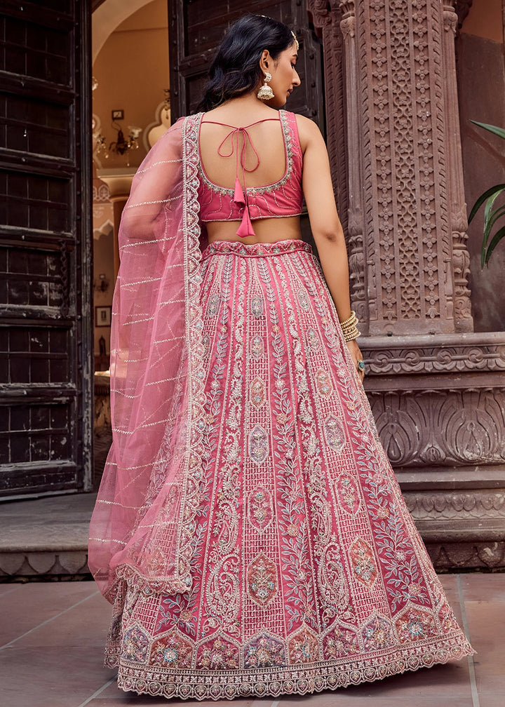 Rouge Pink Embroidered Net Lehenga Choli with Sequins Work