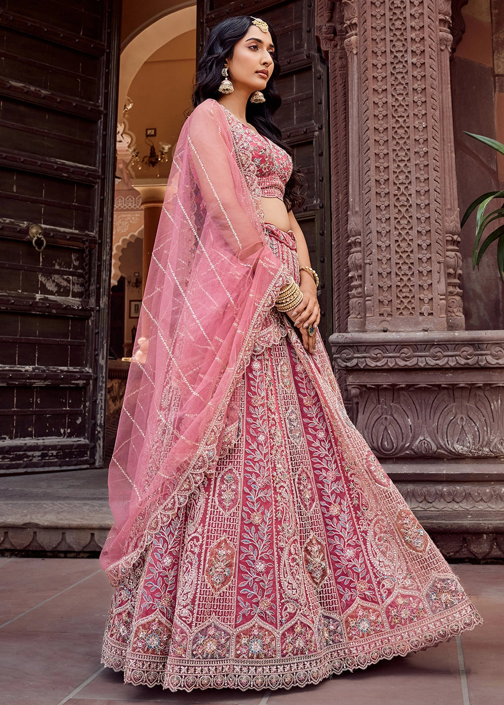 Rouge Pink Embroidered Net Lehenga Choli with Sequins Work