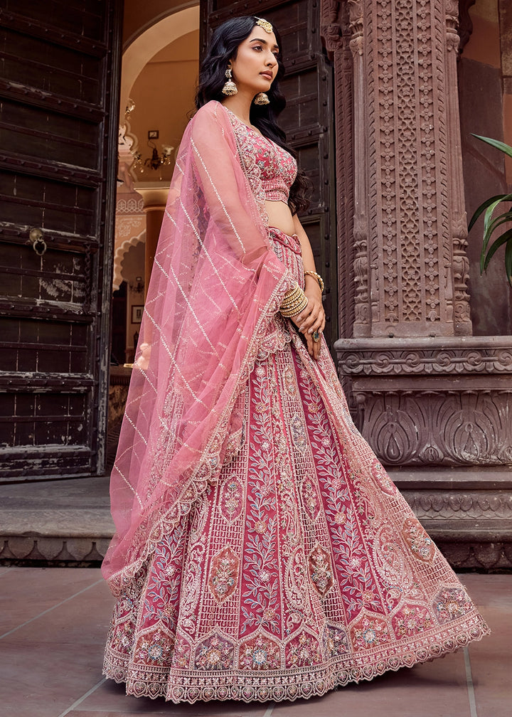 Rouge Pink Embroidered Net Lehenga Choli with Sequins Work