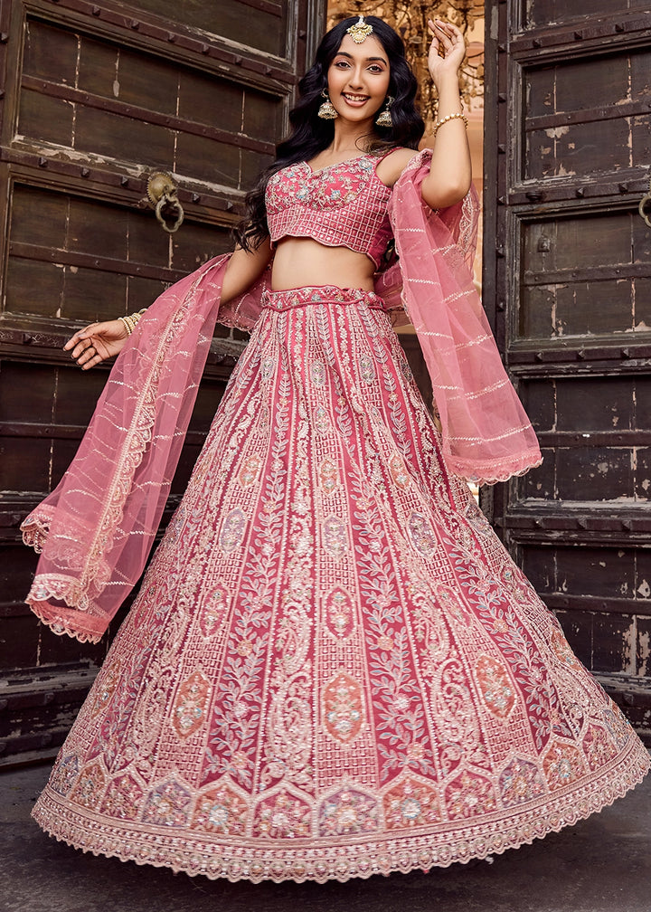 Rouge Pink Embroidered Net Lehenga Choli with Sequins Work