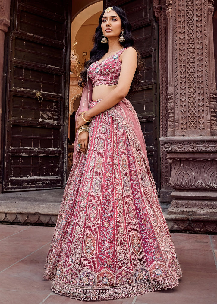 Rouge Pink Embroidered Net Lehenga Choli with Sequins Work
