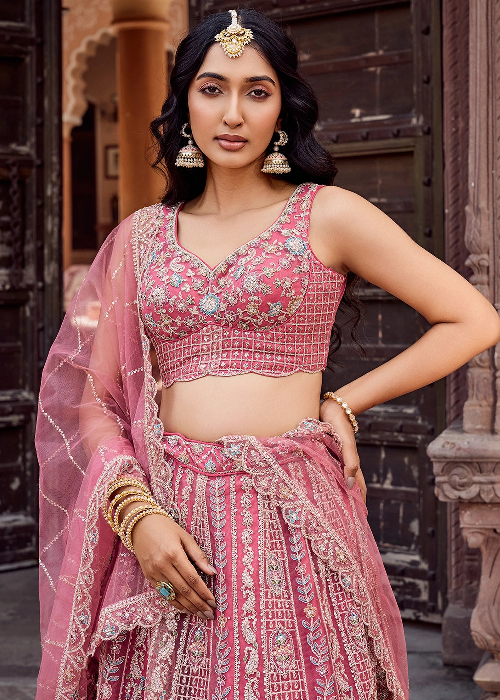 Rouge Pink Embroidered Net Lehenga Choli with Sequins Work