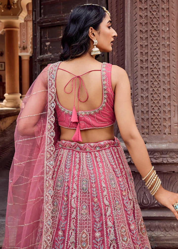 Rouge Pink Embroidered Net Lehenga Choli with Sequins Work