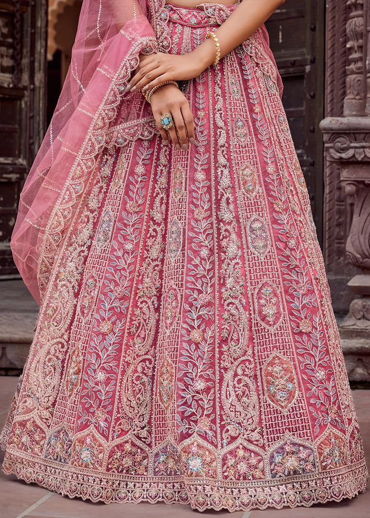 Rouge Pink Embroidered Net Lehenga Choli with Sequins Work
