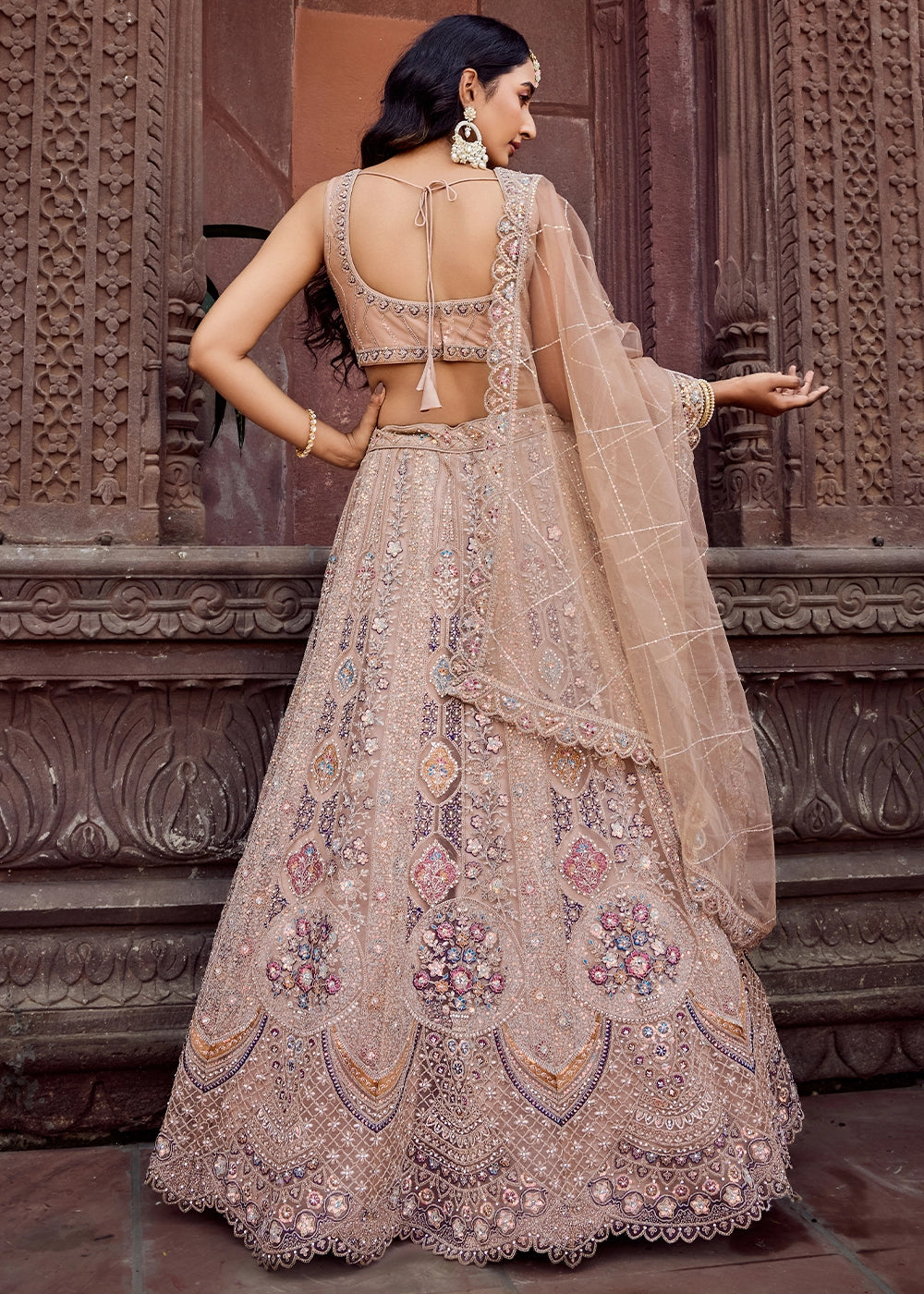 Desert Brown Embroidered Net Lehenga Choli with Sequins Work
