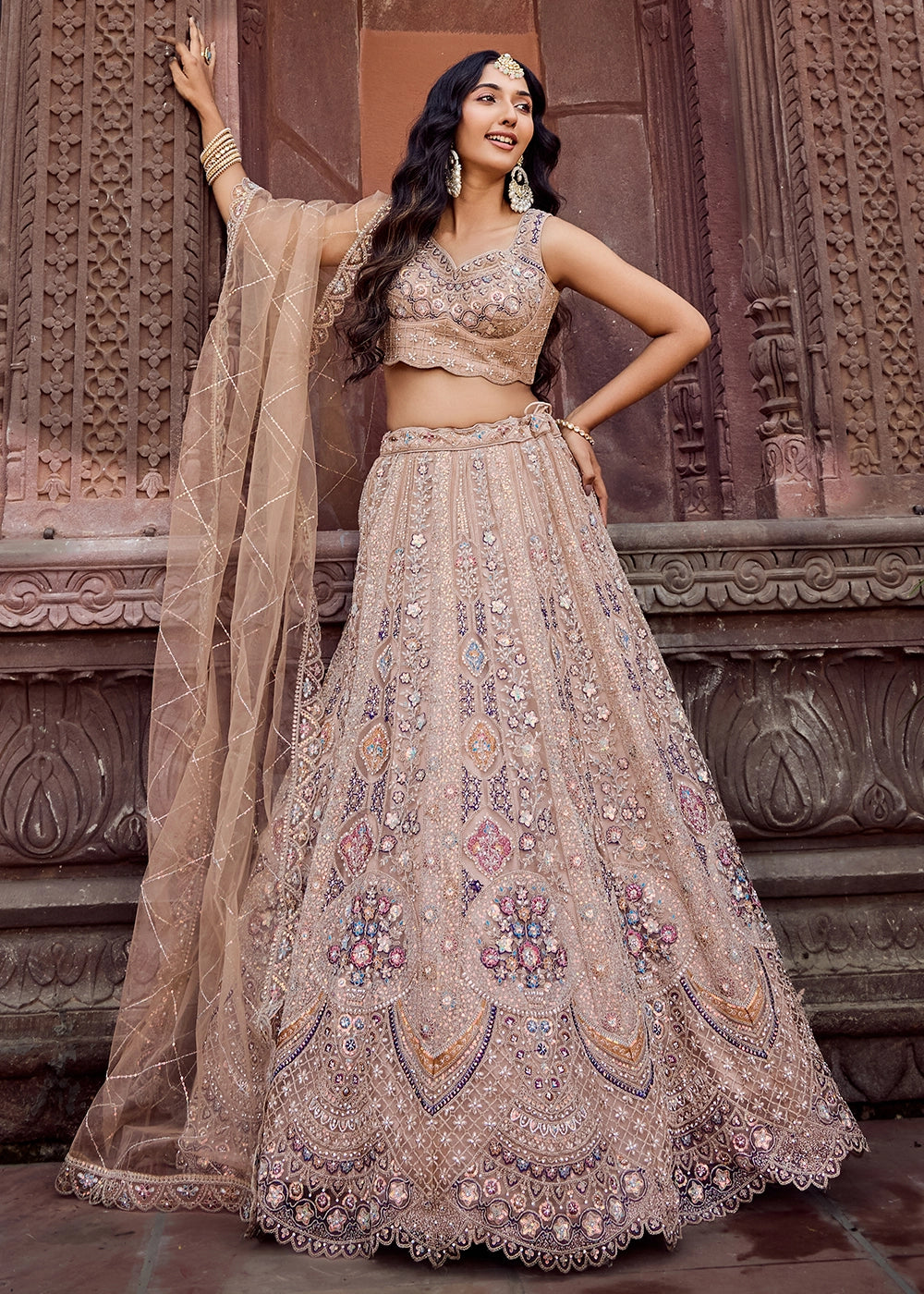 Desert Brown Embroidered Net Lehenga Choli with Sequins Work
