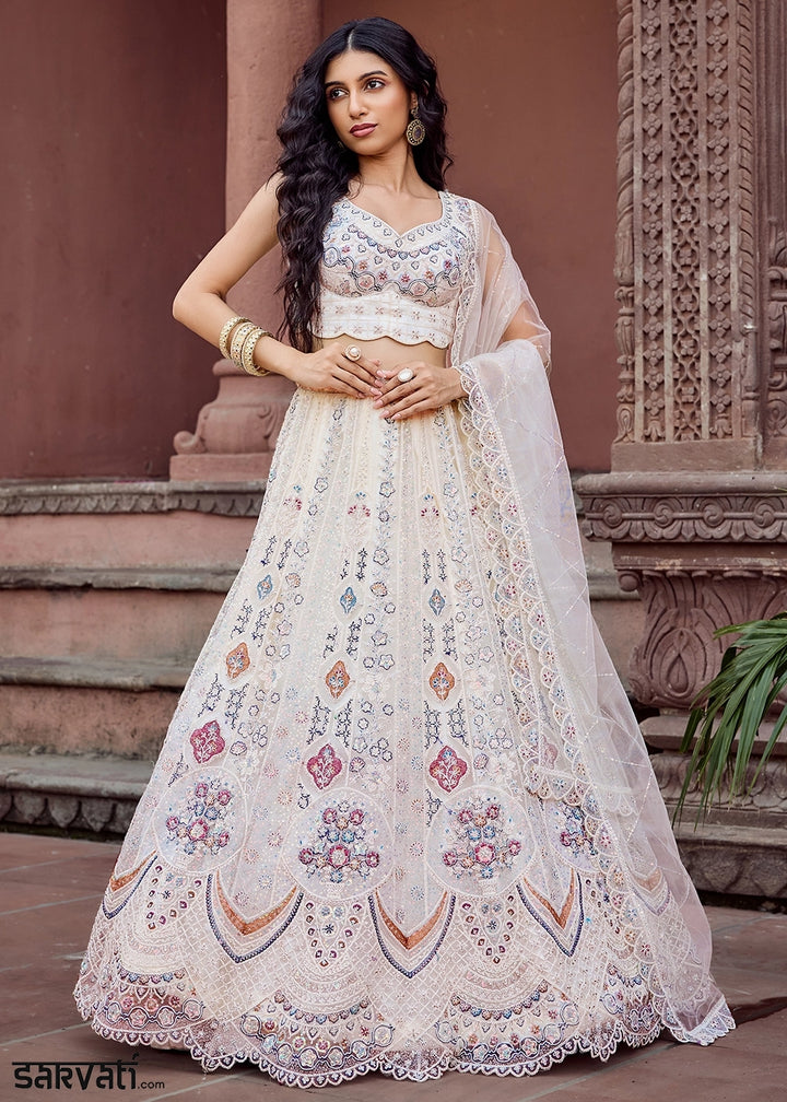 Rice White Embroidered Net Lehenga Choli with Sequins Work