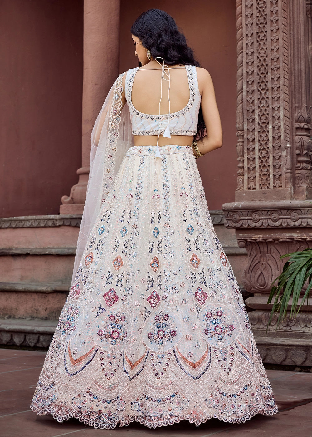 Rice White Embroidered Net Lehenga Choli with Sequins Work