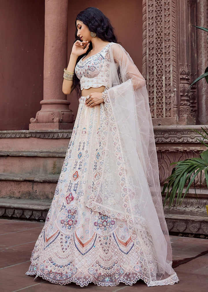 Rice White Embroidered Net Lehenga Choli with Sequins Work