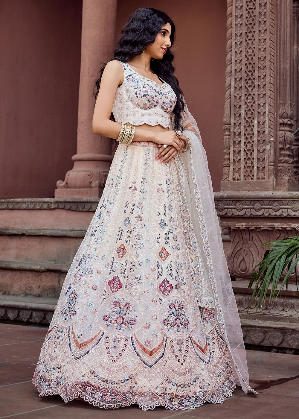Rice White Embroidered Net Lehenga Choli with Sequins Work
