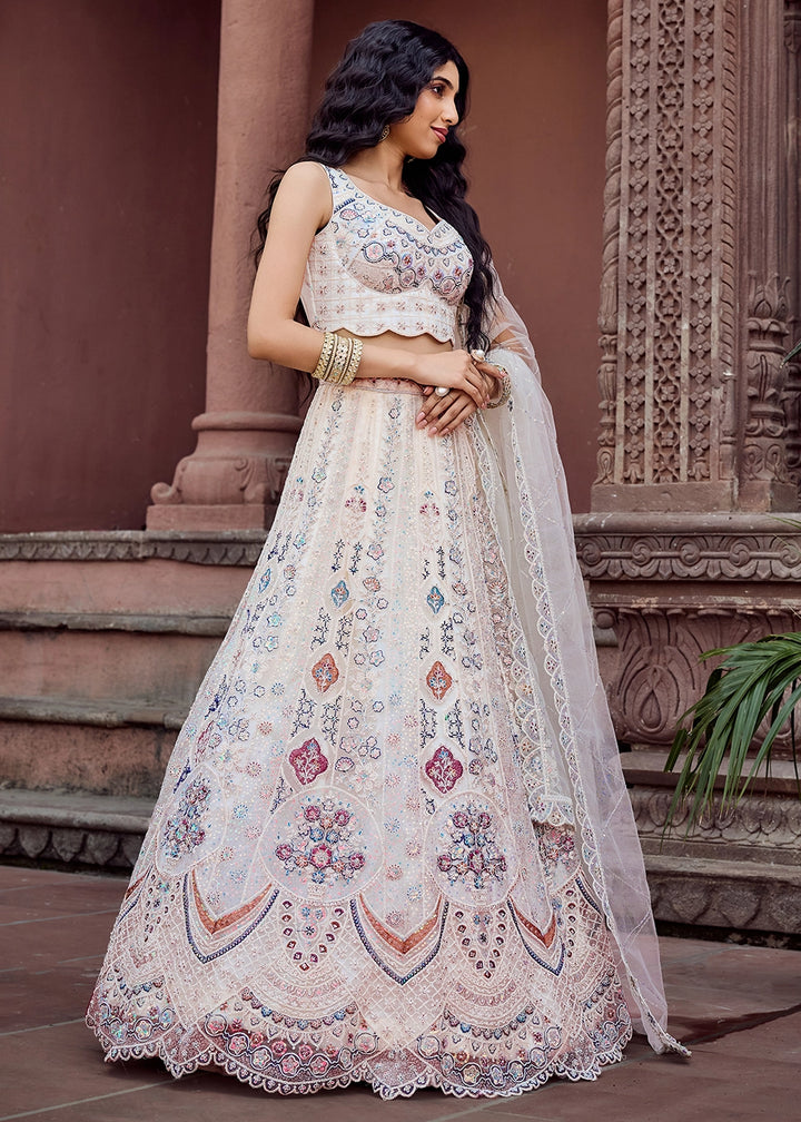 Rice White Embroidered Net Lehenga Choli with Sequins Work