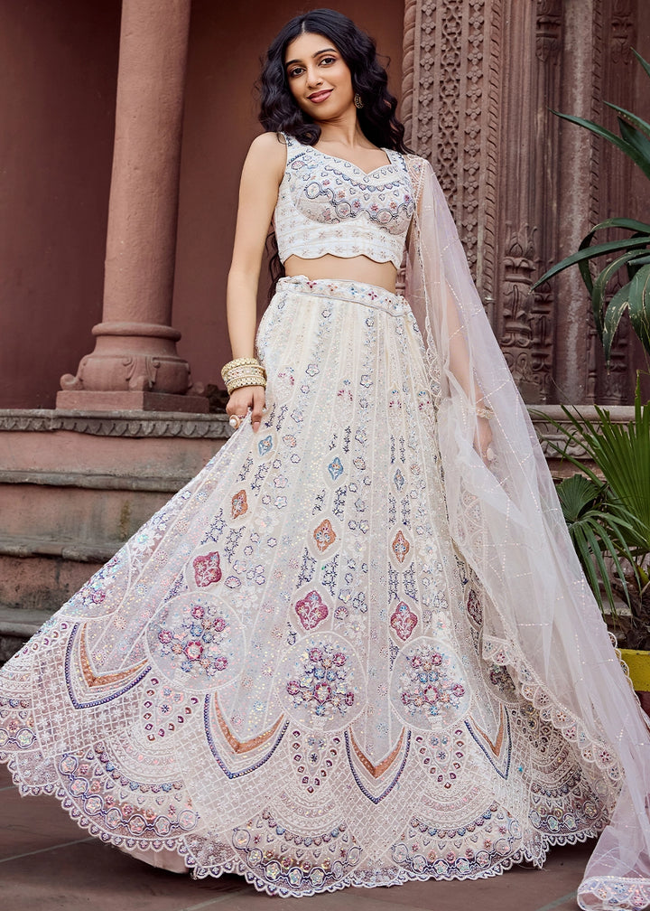 Rice White Embroidered Net Lehenga Choli with Sequins Work