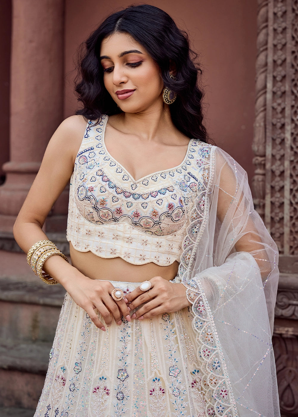 Rice White Embroidered Net Lehenga Choli with Sequins Work
