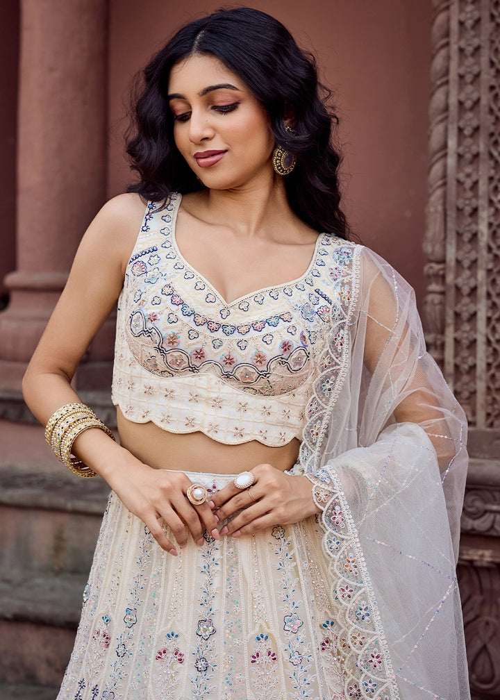 Rice White Embroidered Net Lehenga Choli with Sequins Work