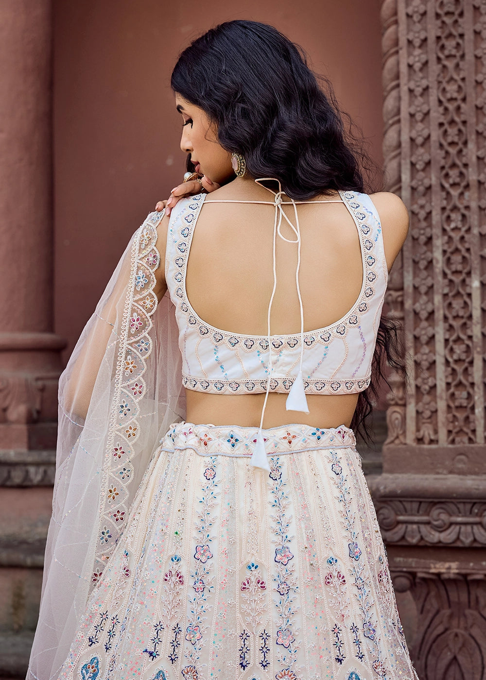 Rice White Embroidered Net Lehenga Choli with Sequins Work