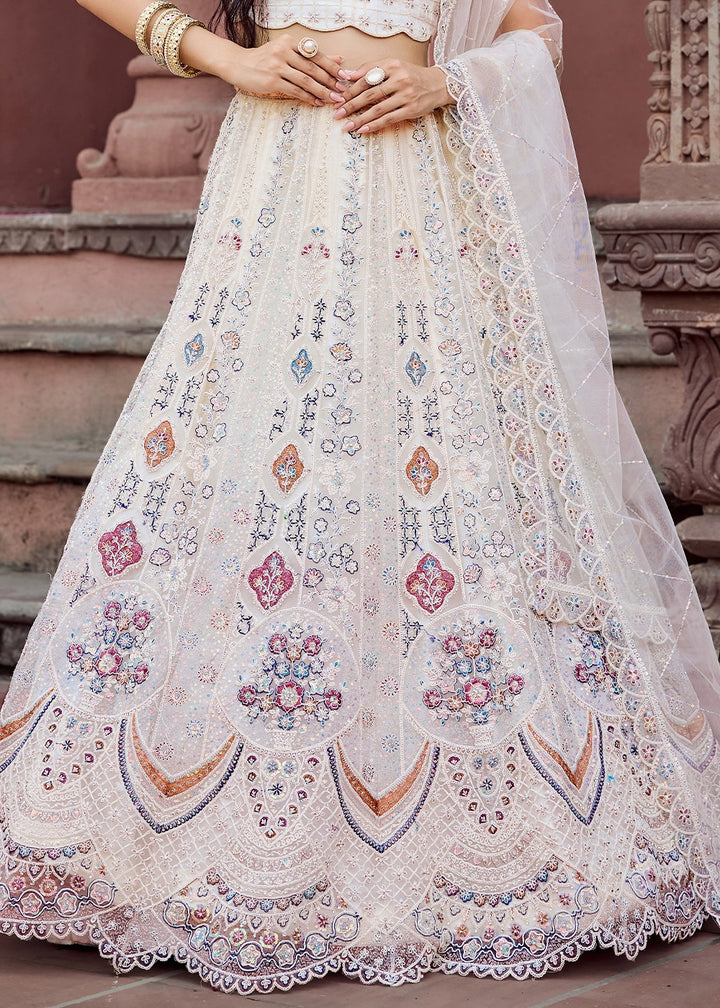 Rice White Embroidered Net Lehenga Choli with Sequins Work