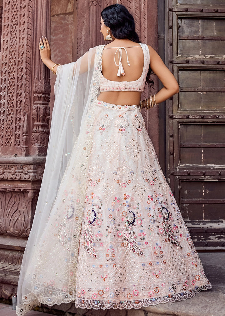 Cream White Embroidered Net Lehenga Choli with Sequins Work