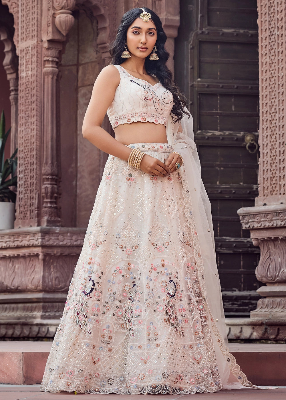 Cream White Embroidered Net Lehenga Choli with Sequins Work
