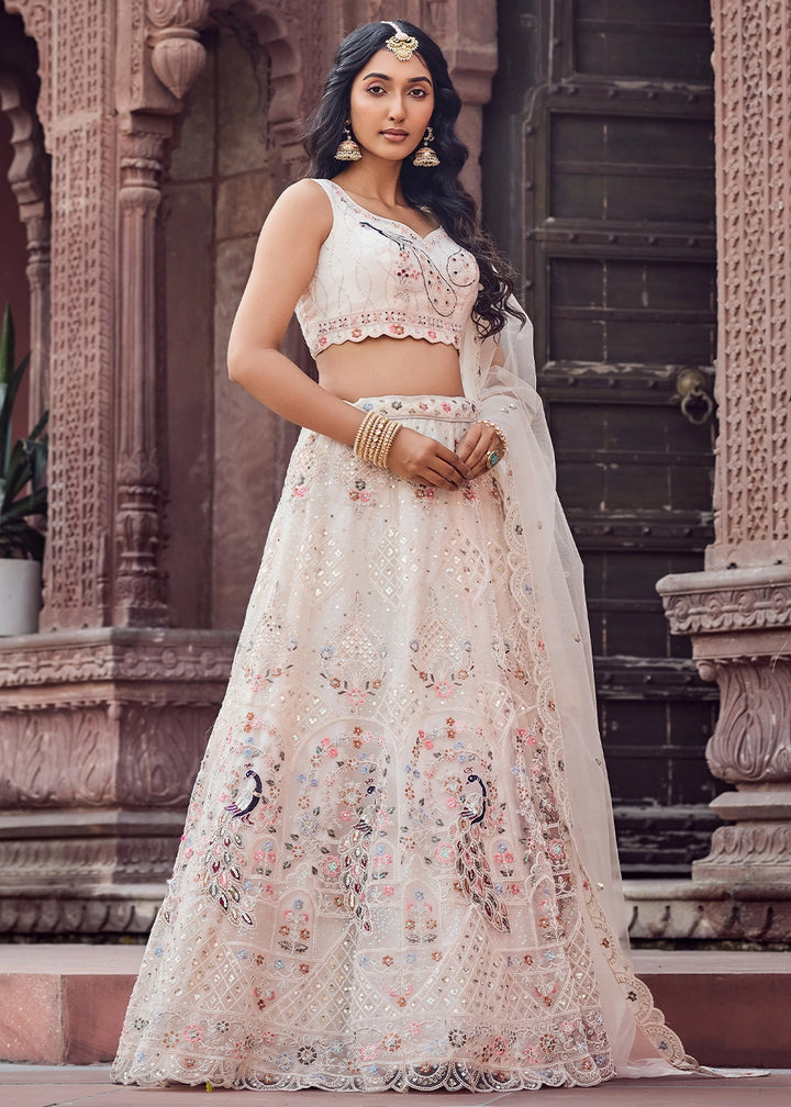 Cream White Embroidered Net Lehenga Choli with Sequins Work