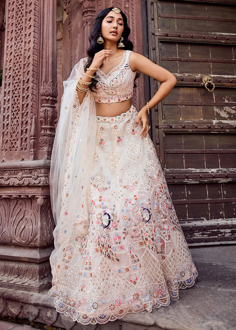 Cream White Embroidered Net Lehenga Choli with Sequins Work