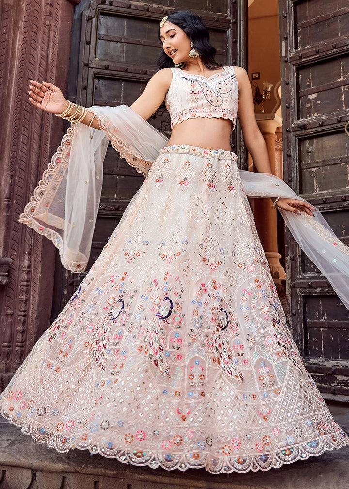 Cream White Embroidered Net Lehenga Choli with Sequins Work