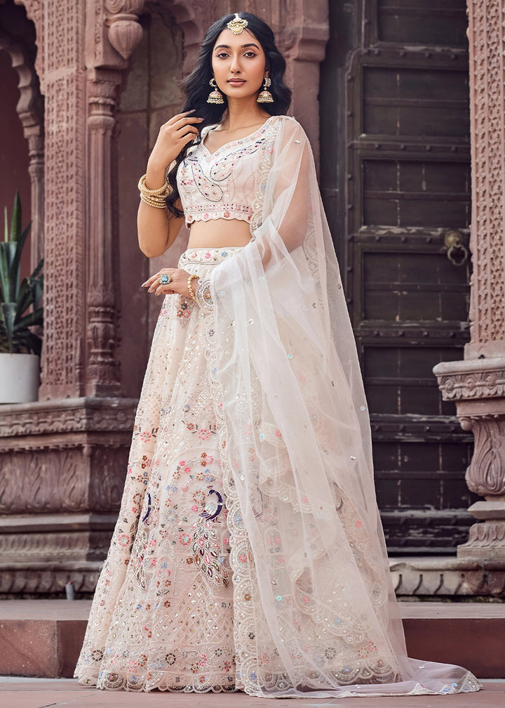 Cream White Embroidered Net Lehenga Choli with Sequins Work