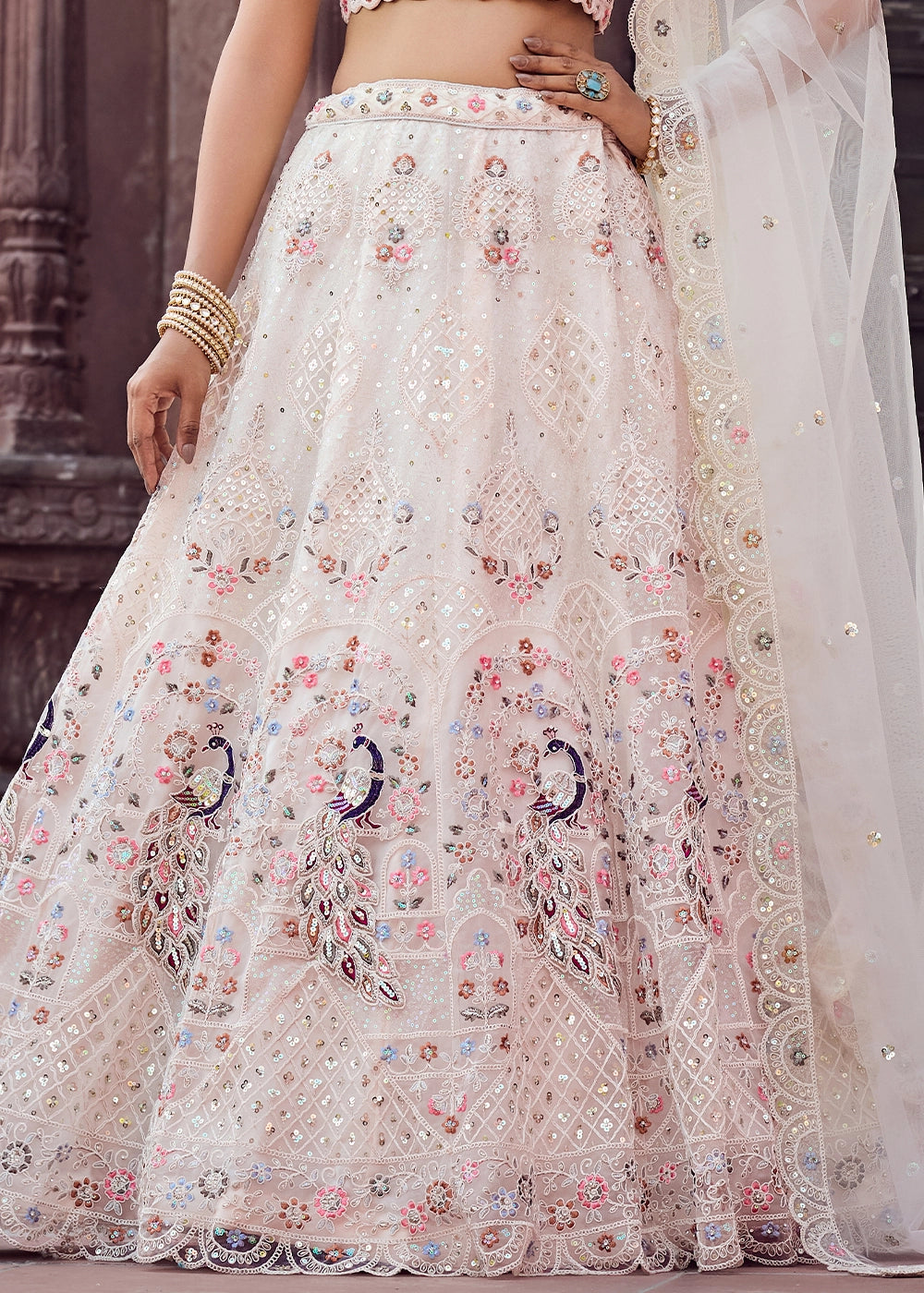 Cream White Embroidered Net Lehenga Choli with Sequins Work