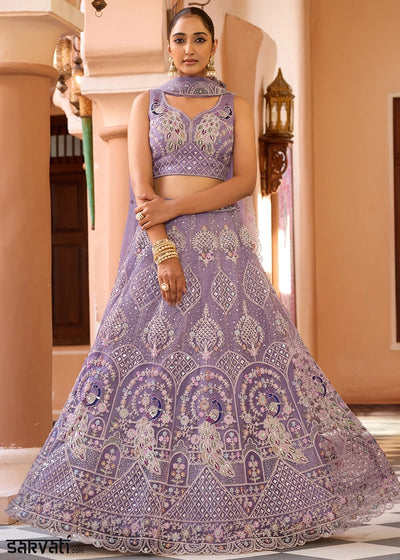 Wisteria Purple Embroidered Net Lehenga Choli with Sequins Work