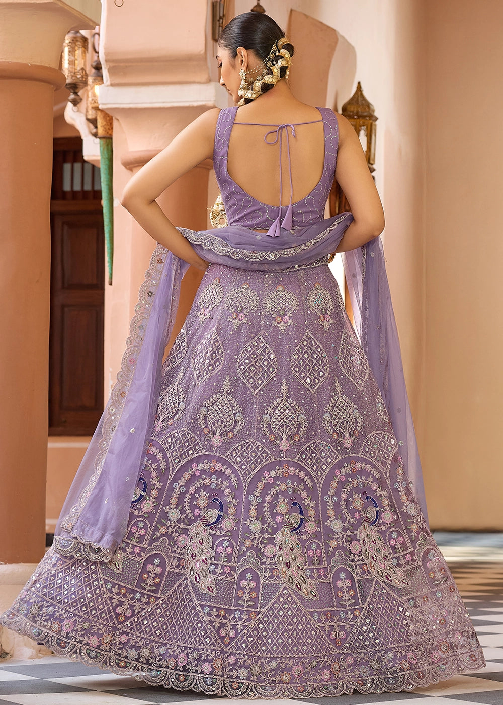 Wisteria Purple Embroidered Net Lehenga Choli with Sequins Work