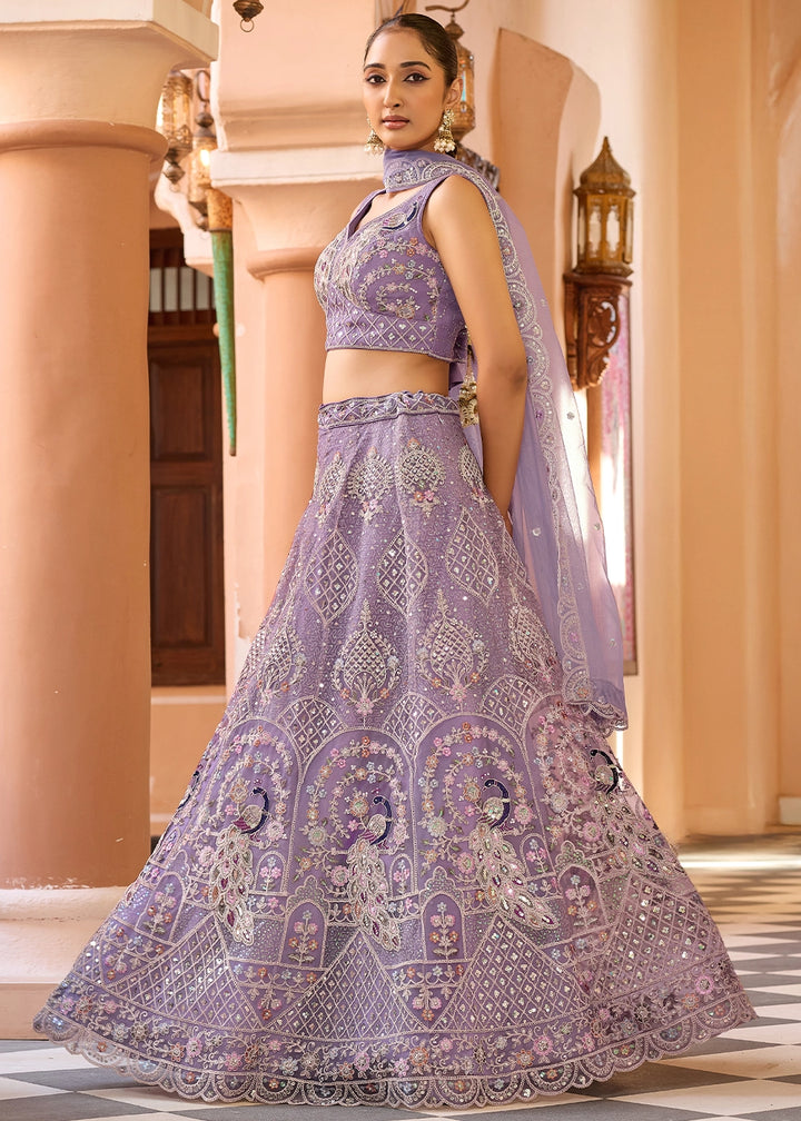 Wisteria Purple Embroidered Net Lehenga Choli with Sequins Work